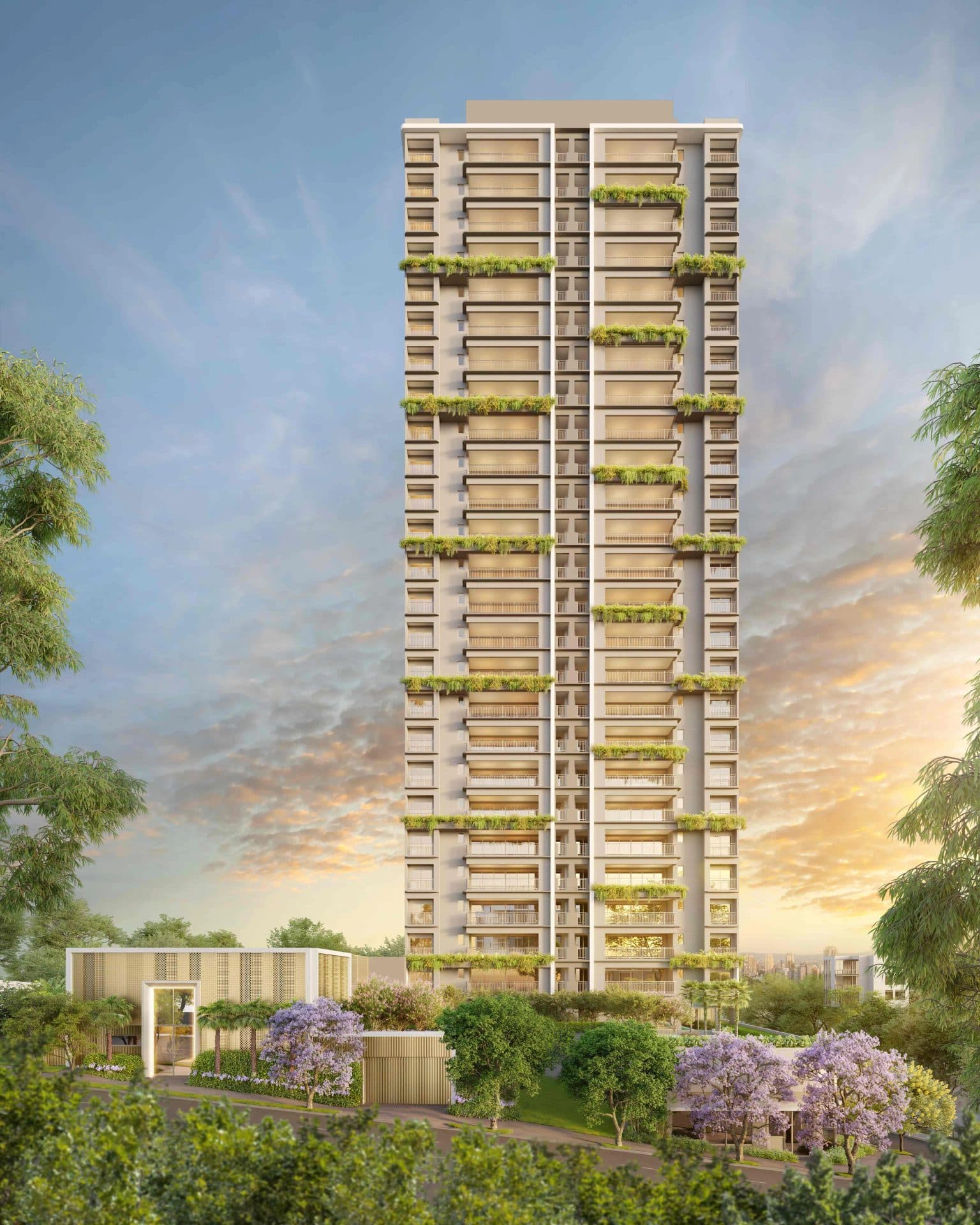 Fachada do edificio residencial de varios andares com varandas integradas a vegetacao.
