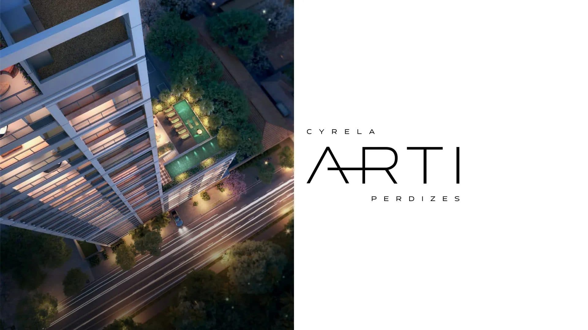 Render noturno da fachada de torre residencial com piscina e paisagismo.