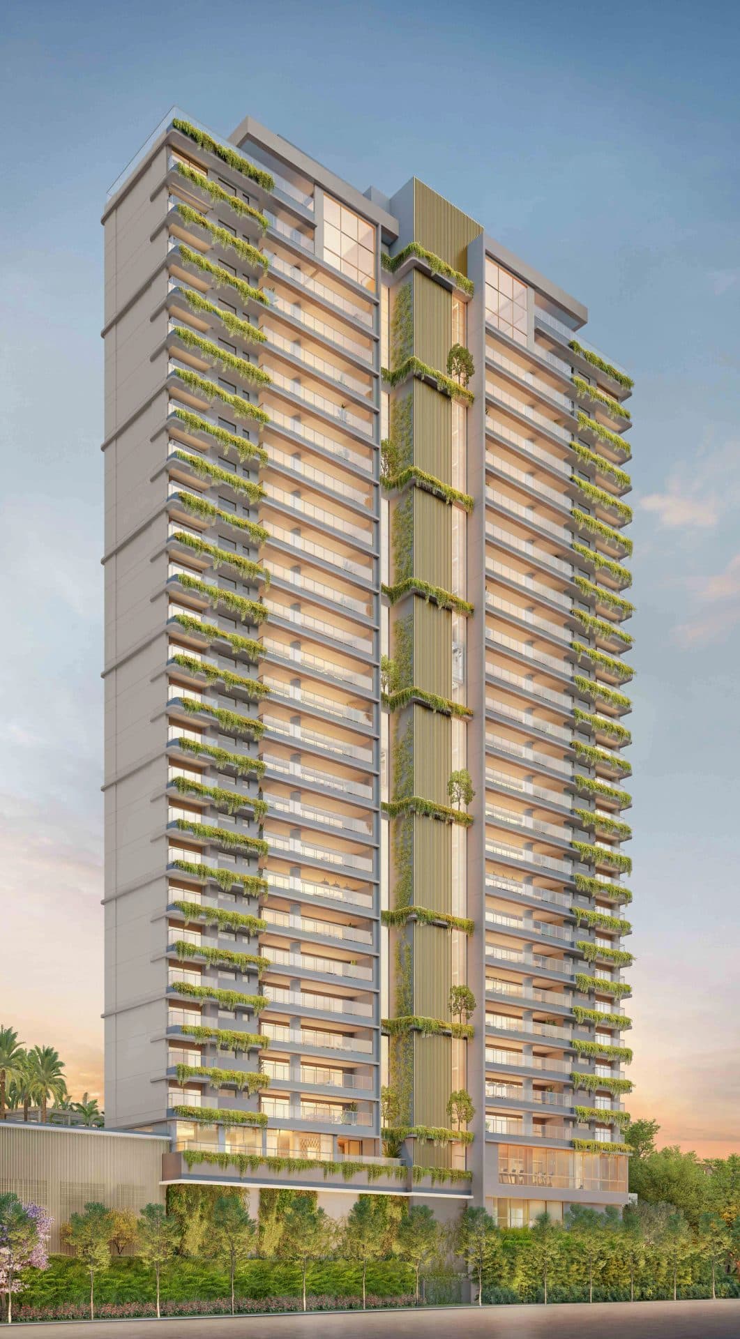 Fachada do edifício residencial de vários andares com varandas e vegetação na fachada.