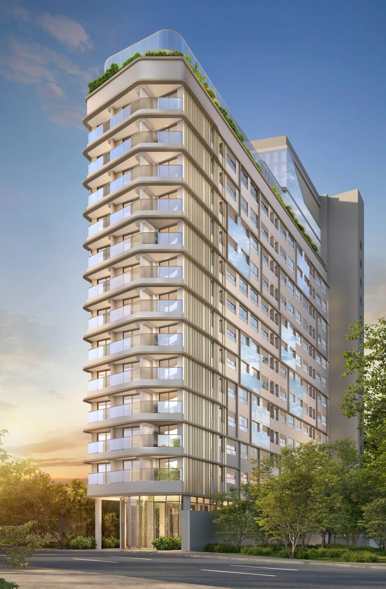 Fachada do edifício residencial moderno com varandas curvas e vegetação