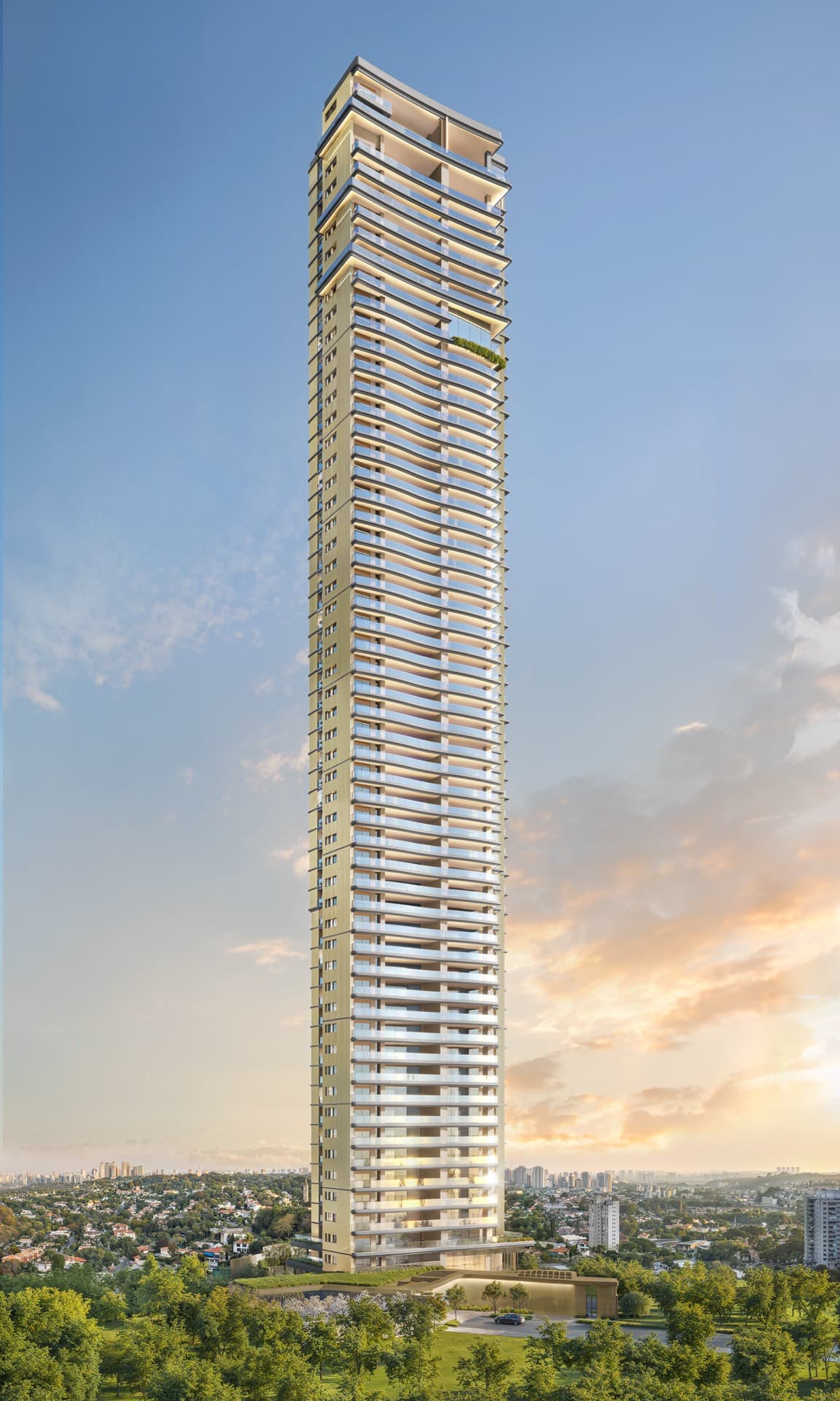 Vista frontal completa da torre residencial alta com paisagismo na base e céu ao fundo.