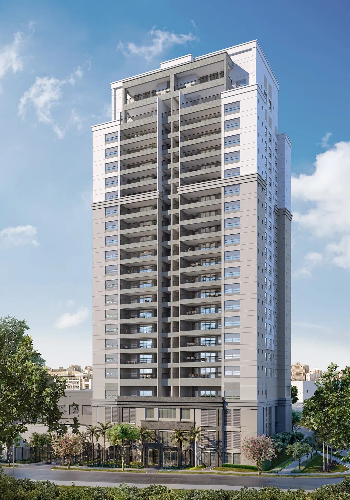 Fachada do edifício residencial de torre única com varandas e térreo arborizado