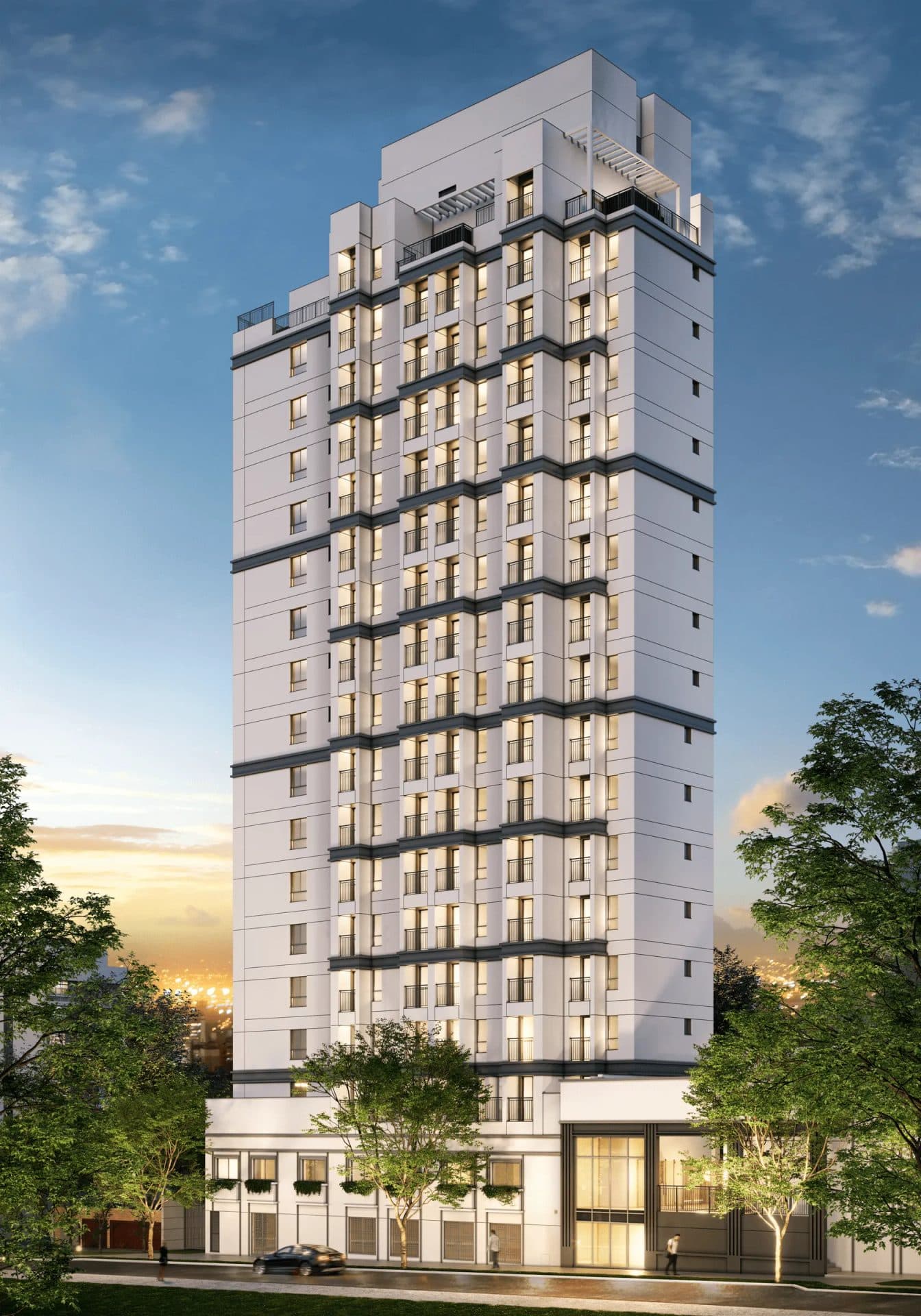 Fachada frontal do edifício residencial de vários pavimentos com varandas