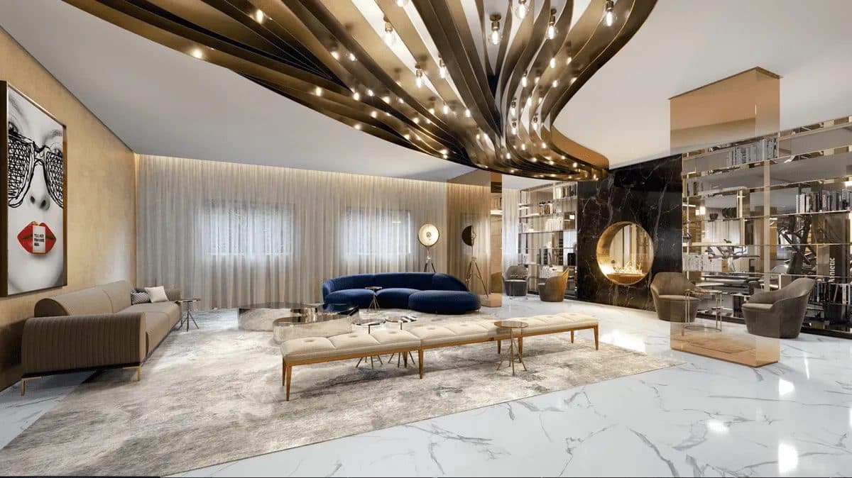 Sala de estar ampla com sofás, poltronas, luminária de teto decorativa e piso de mármore