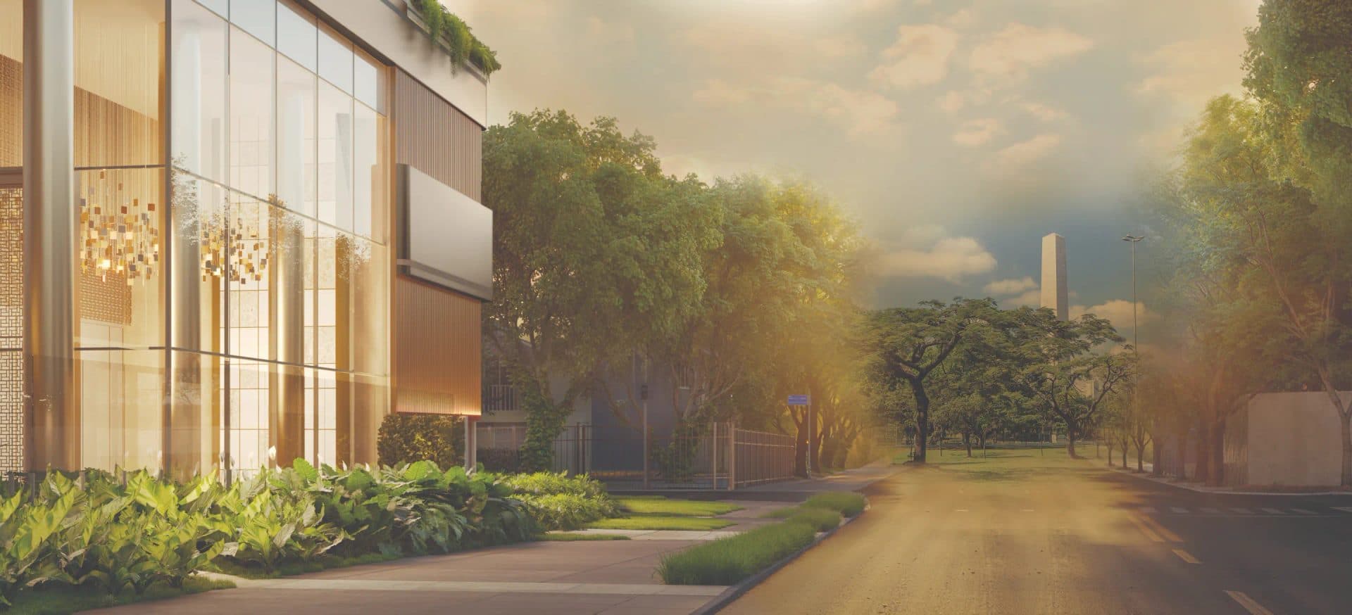 Fachada externa do edifício com paisagismo e calçada arborizada