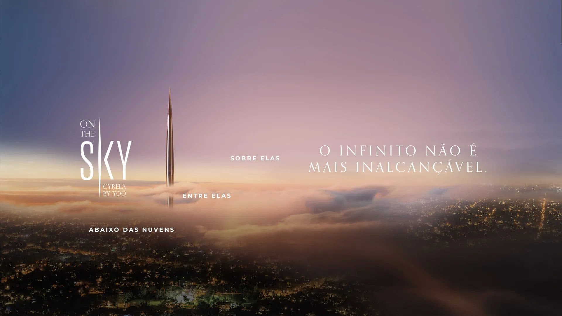 Render artístico mostrando a torre do empreendimento imobiliário acima das nuvens.