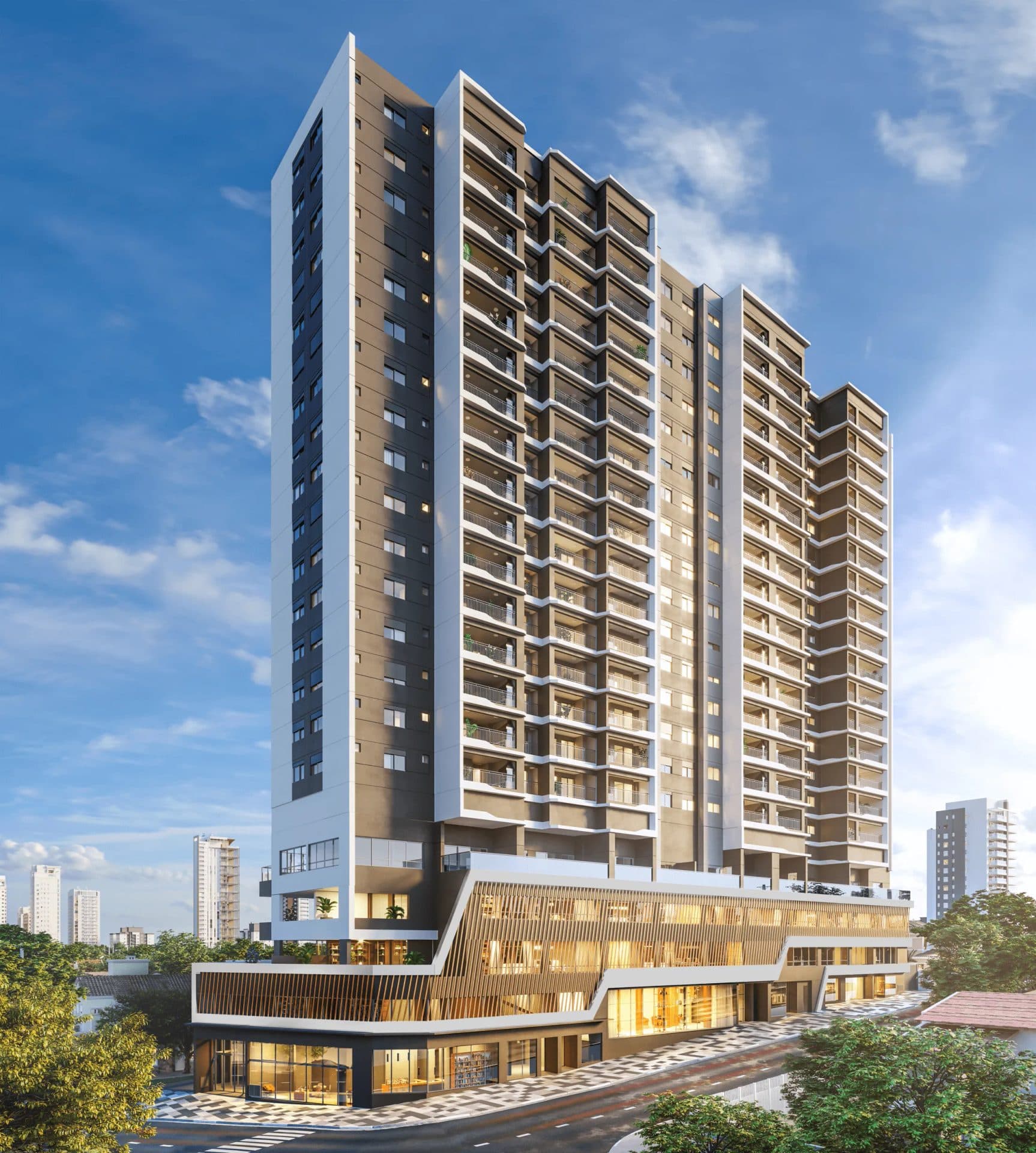 Fachada frontal do edifício residencial com varandas e térreo comercial iluminado.
