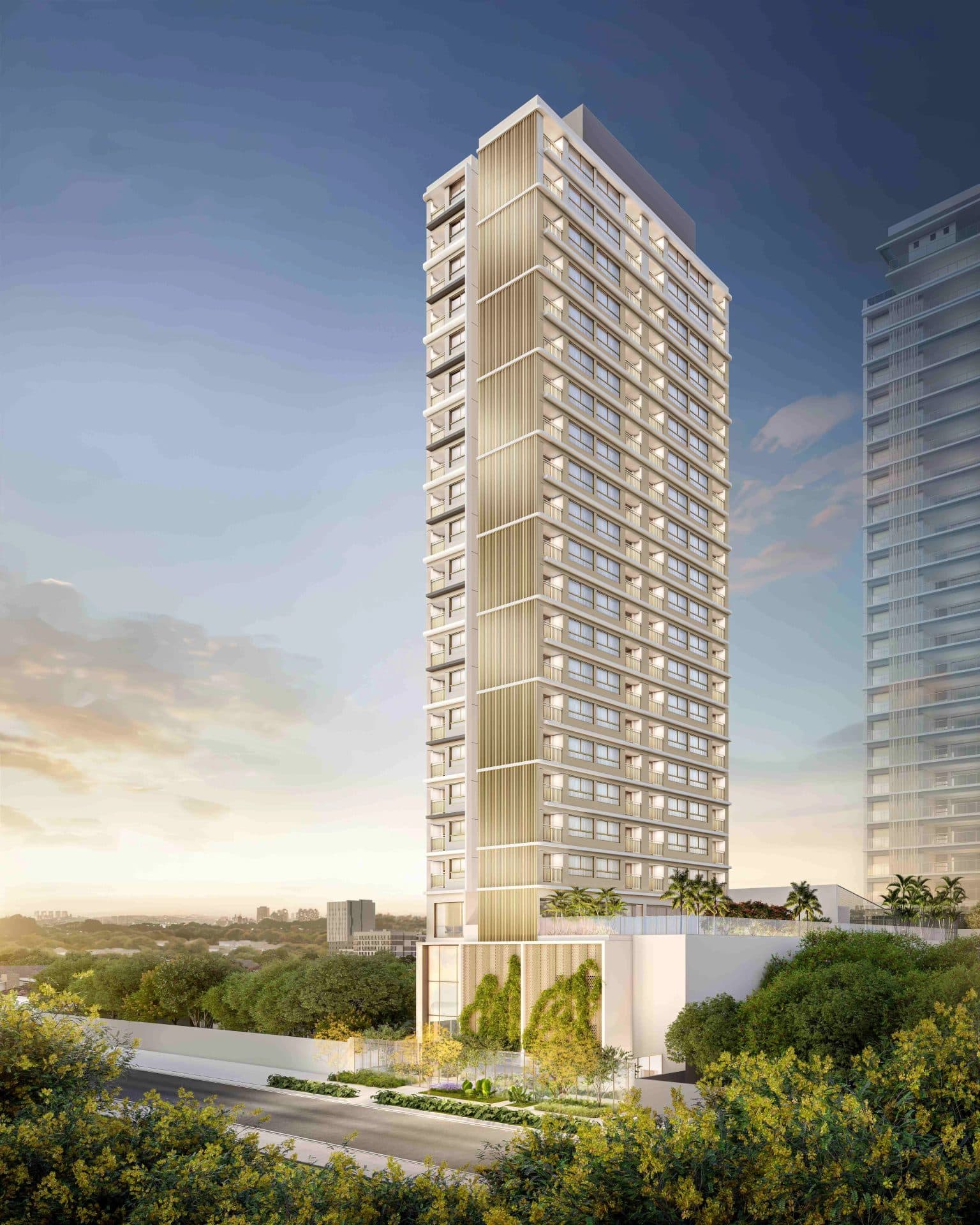 Vista externa da torre residencial com detalhes arquitetônicos e paisagismo na base