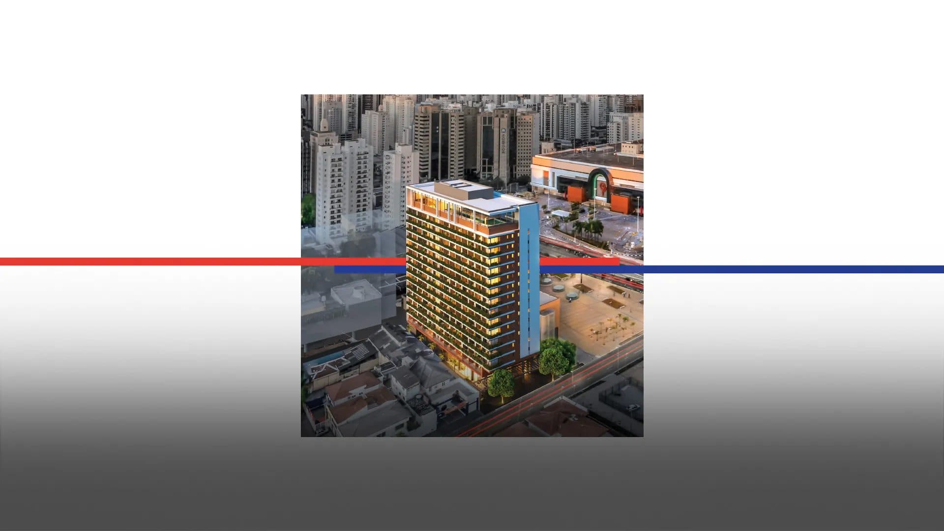 Renderização externa do edifício com varandas arborizadas e entorno urbano.