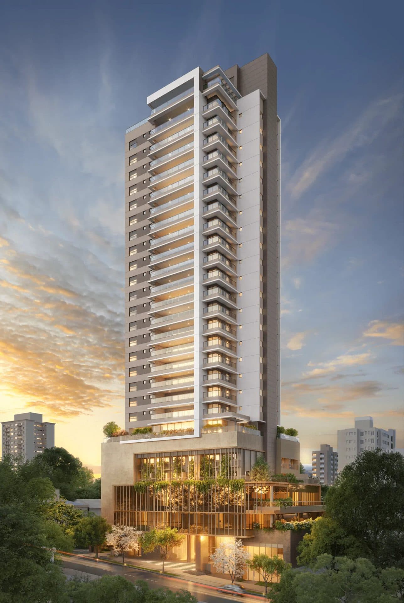 Vista panorâmica da fachada completa da torre residencial, destacando varandas com fechamento em vidro.