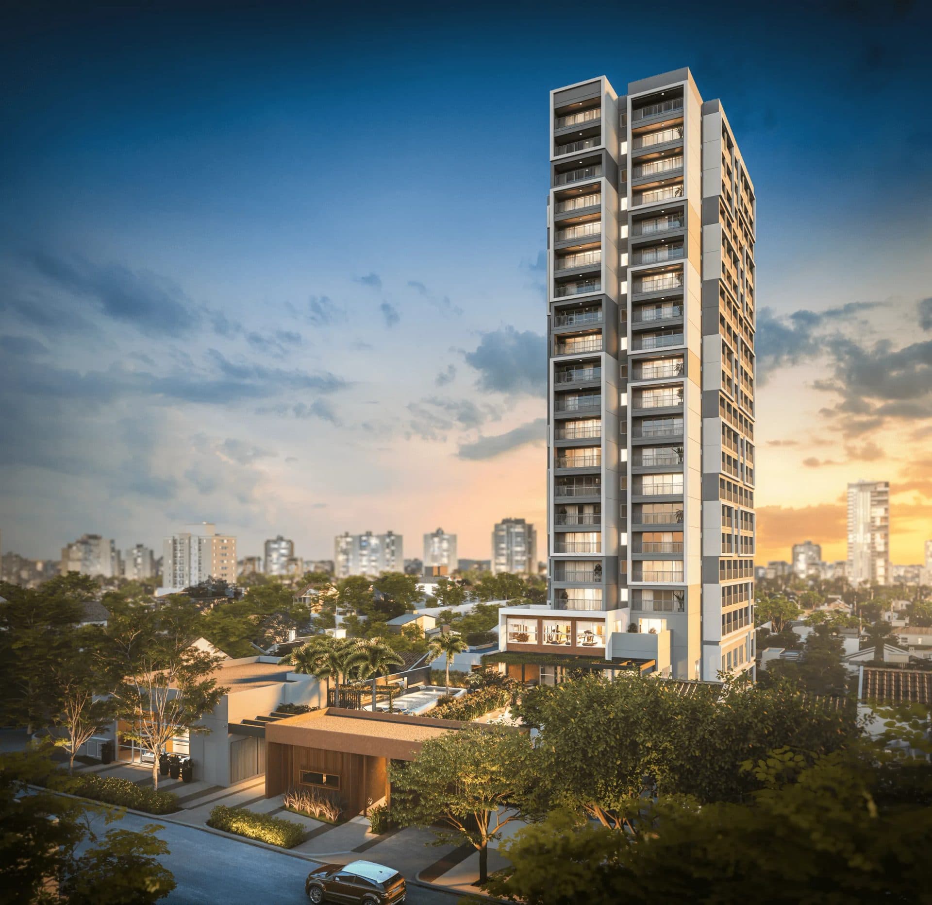 Vista externa da torre residencial com iluminação de entardecer e entorno arborizado.