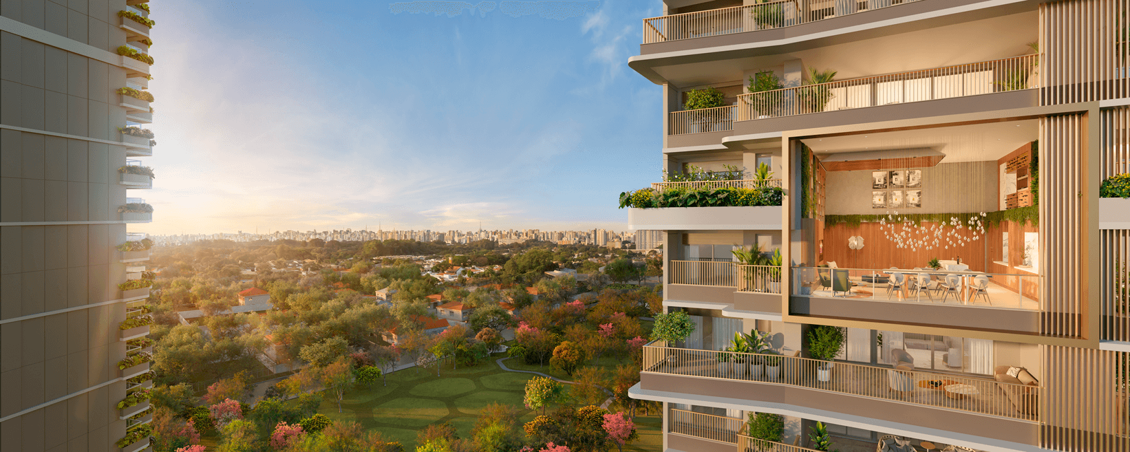 Fachada externa do edifício residencial com varandas arborizadas e vista panorâmica.