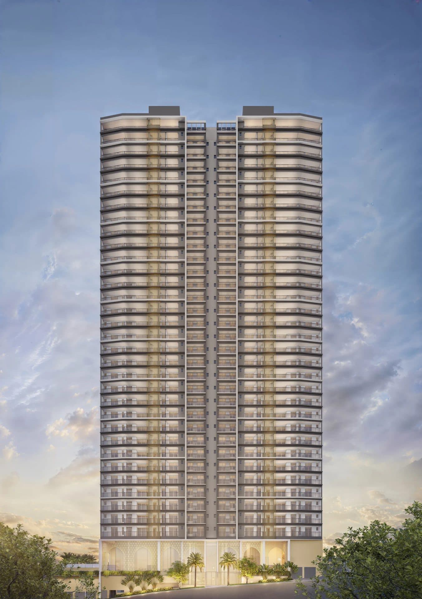 Vista externa da fachada de edifício residencial alto com varandas e térreo arborizado.