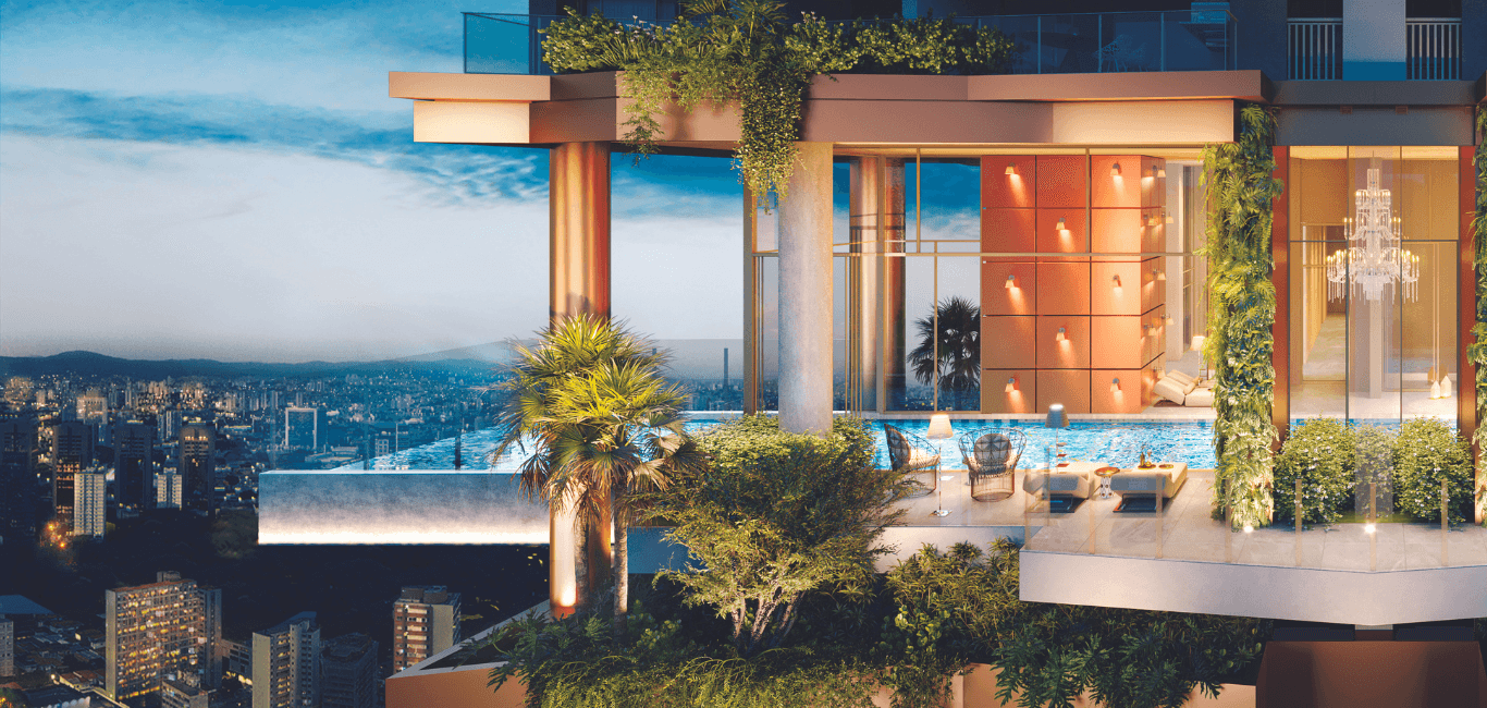 Renderização da fachada com piscina suspensa iluminada e paisagismo integrado ao projeto