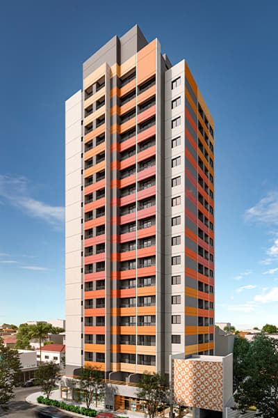 Fachada de prédio residencial em tons de laranja, cinza e bege com varandas e térreo comercial