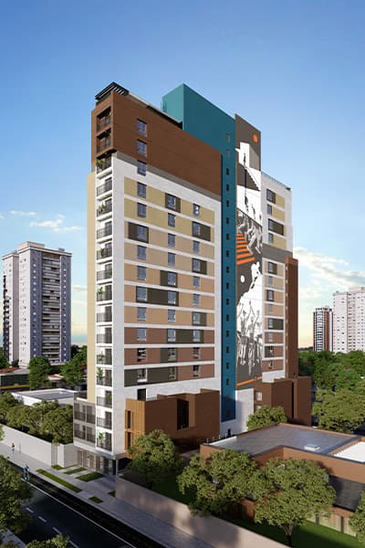 Fachada de edifício residencial com pintura colorida e murais artísticos.