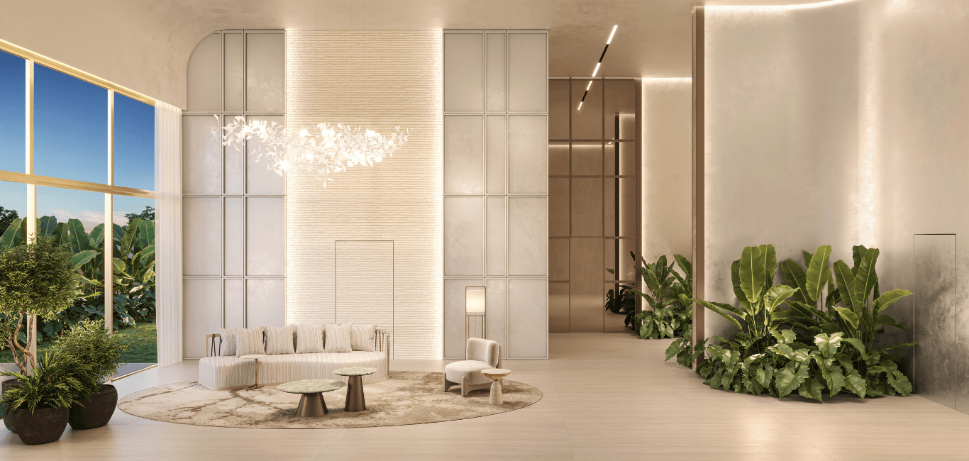 Hall de entrada amplo com pé-direito duplo, vegetação interna, iluminação embutida e sofá moderno