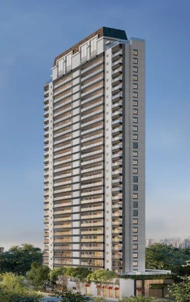Fachada externa do edifício residencial de alta torre com varandas e vidraças.