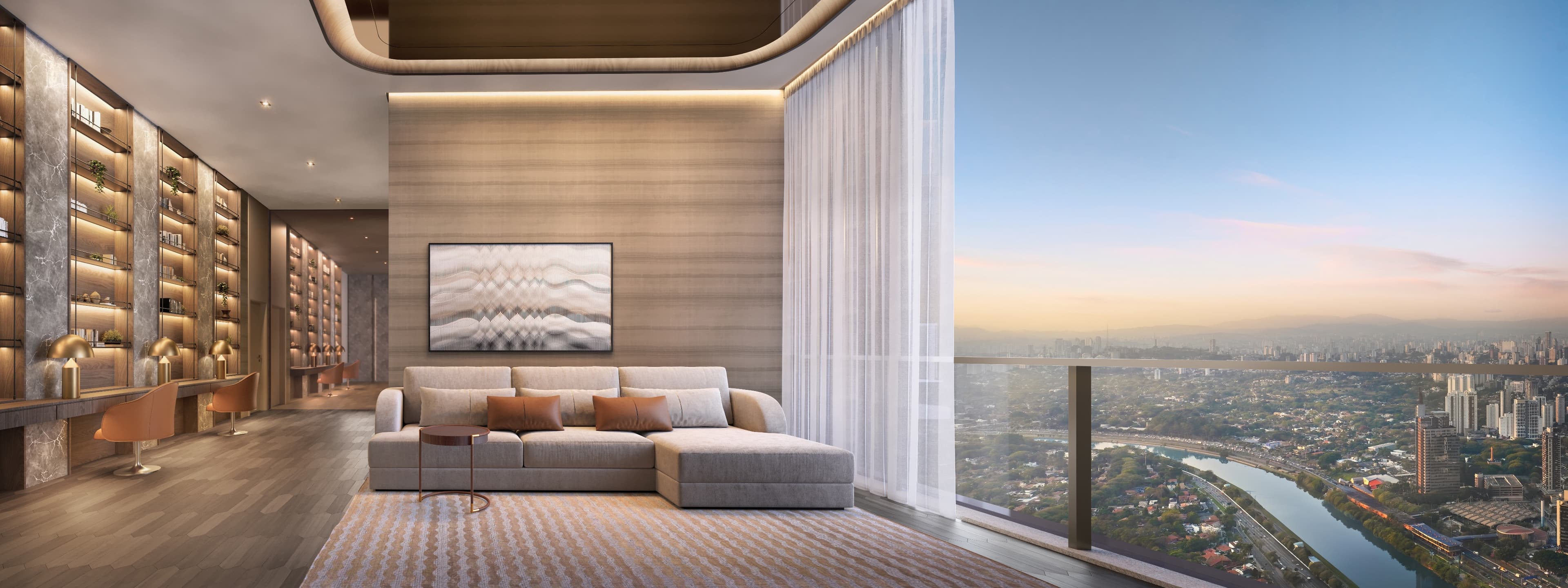 Sala ampla com sofá modular, tapete listrado e grande janela de vidro com vista panorâmica