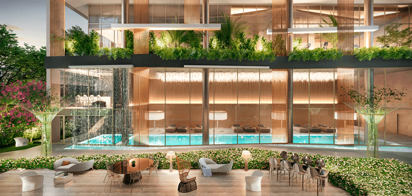 Fachada moderna com vidro, paisagismo abundante, piscina em andar intermediario e area de convivência no terreo.