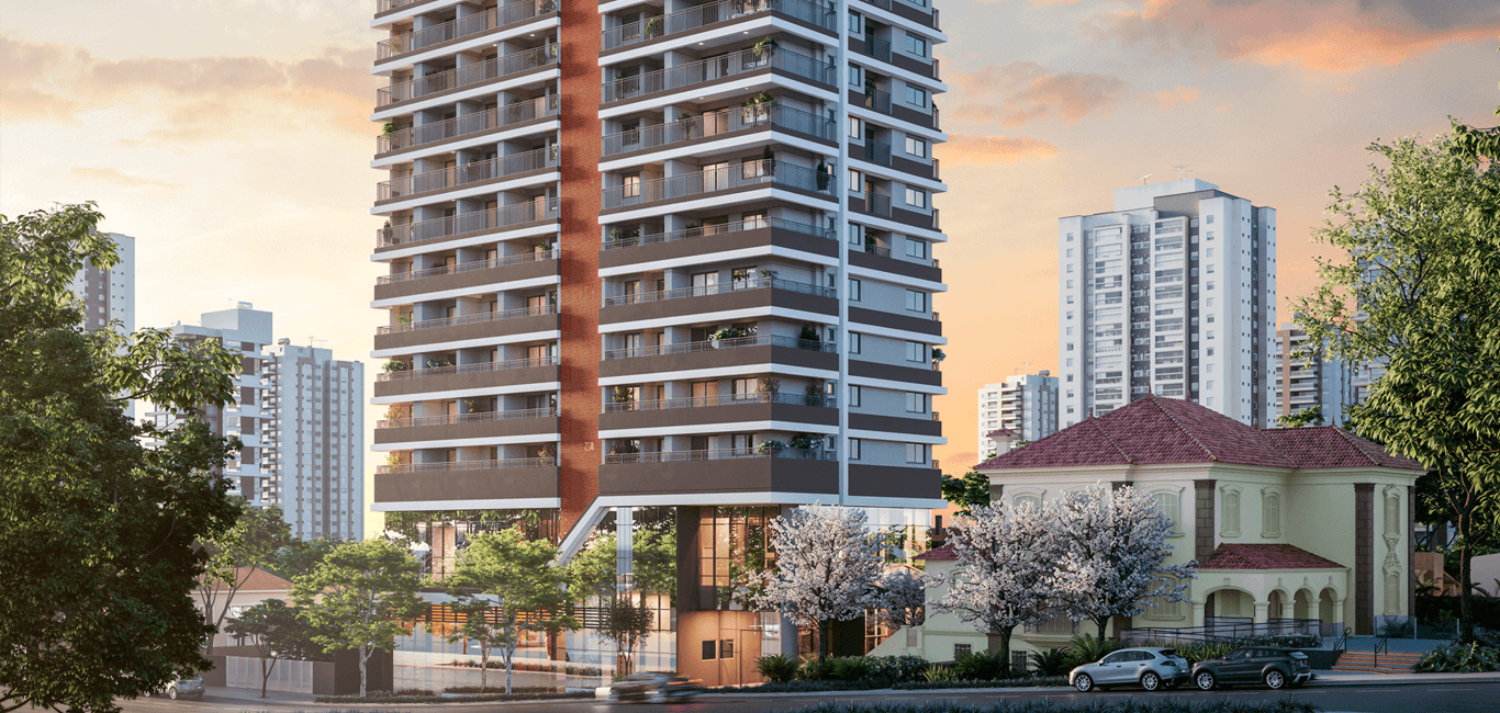 Fachada do edifício residencial com varandas e construção clássica preservada ao lado.